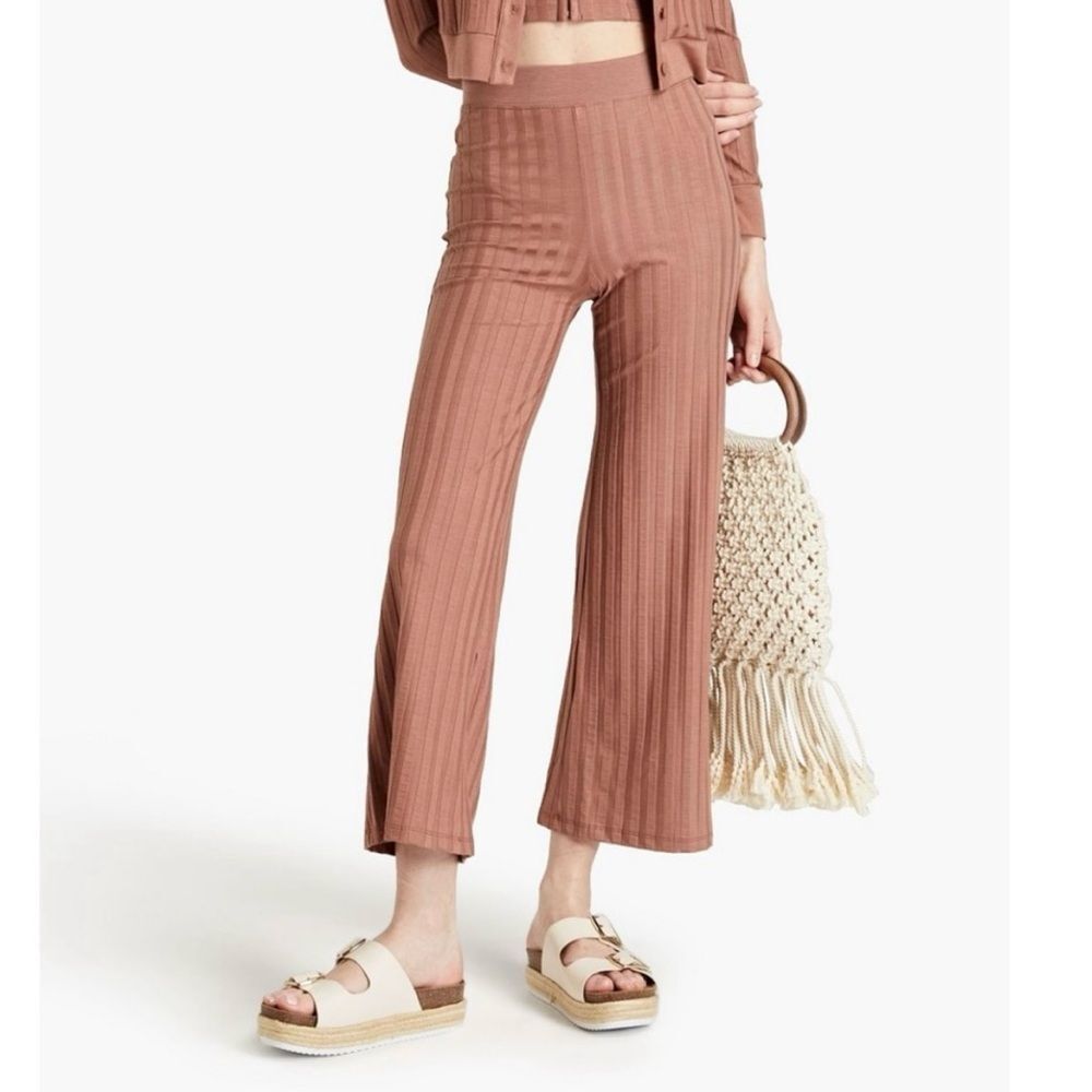 Jonathan Simkhai Standard Celia Ribbed Pleated Wide Leg Stretch Pants in Teak M - Picture 10 of 10